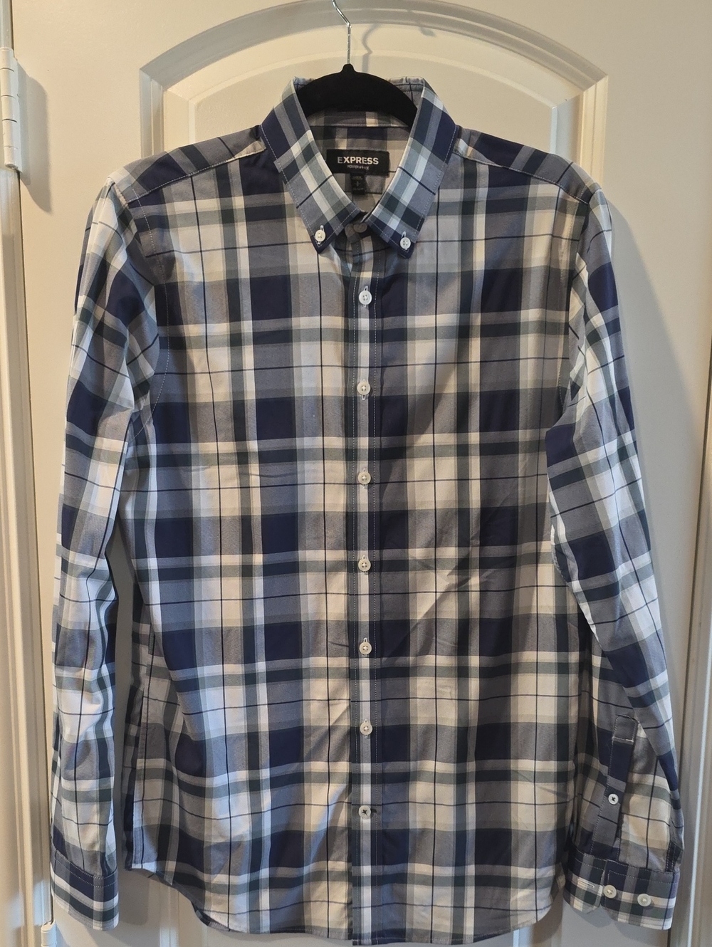 Express Men’s Navy, Green, and White Plaid Lpng Sleeve Performance Button-Down